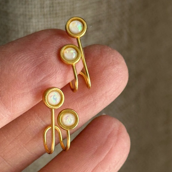 14k Vermeil Gold Semi Precious Double Opal Earrings - Picture 13 of 17